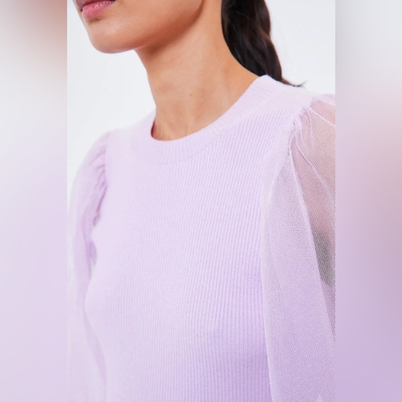 Tuckernuck Lilac Knit Betsy Blouse Size S NWT Sheer Puff Sleeve Stretchy Ribbed - Picture 2 of 11